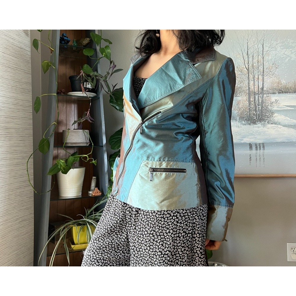 LINDI Women's Medium Metallic pleated Satin Jacket Art Wear blue green front zip
